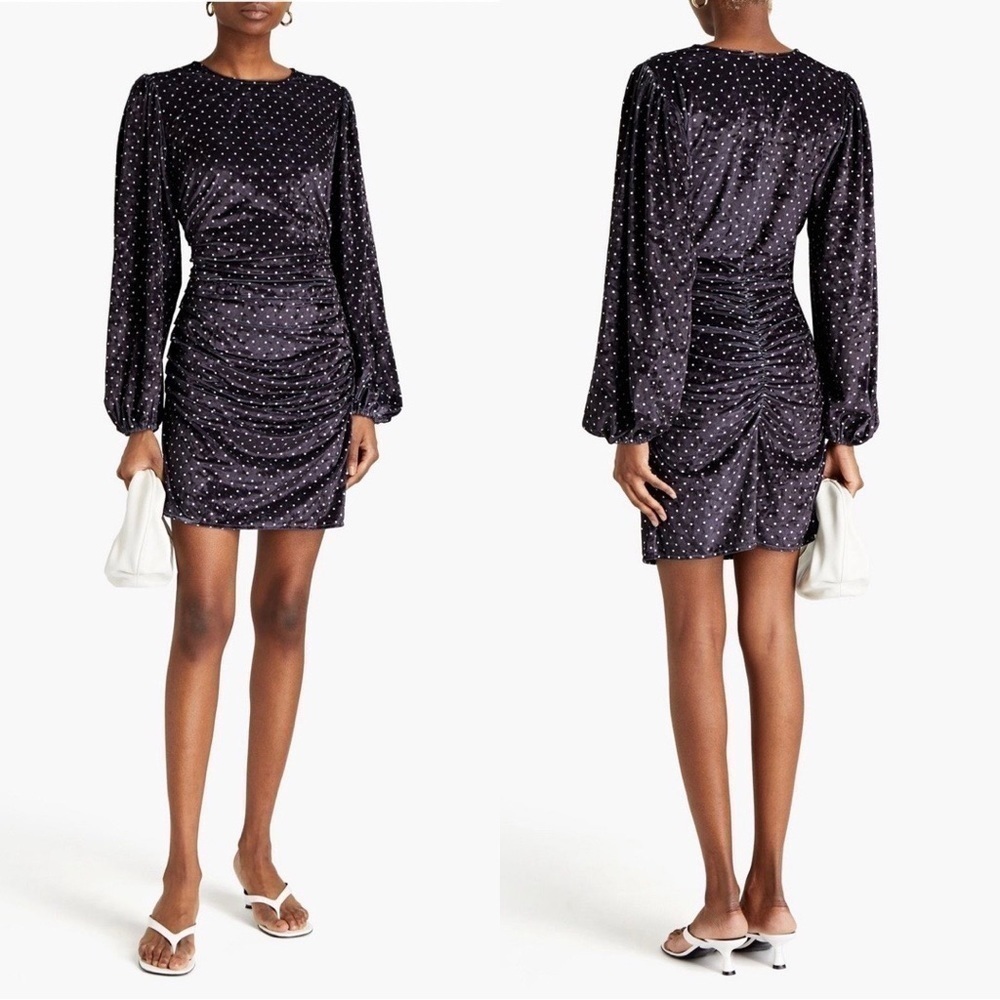 NWT GANNI Ruched Polka Dot Velour Mini Dress Black Small